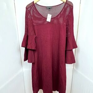 Lane Bryant‎ Burgundy Mesh Sweater Dress SZ 14/16 Ruffle Sleeve Wedding Guest
